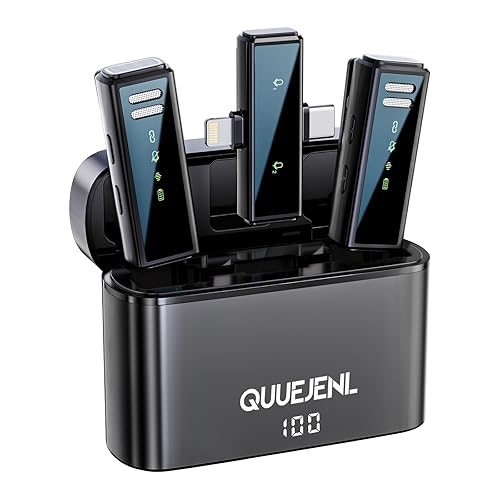 Quuejenl Wireless Lavalier Microphone with Noise Cancellation, 6 Hours of Battery, Wireless Mini Microphone for iPhone, Android, Record Interview