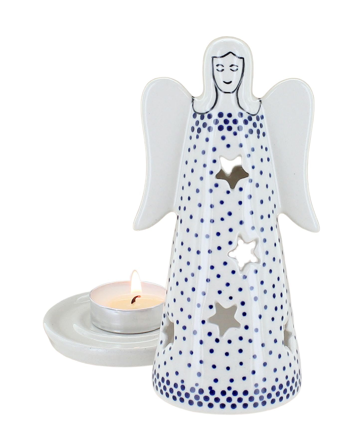 Blue Rose Polish Pottery - Blue Small Dots Small Angel Luminary - 6.25" Tall - Hand-Painted Polish Pottery Holiday Candle Holder, Unique Christmas