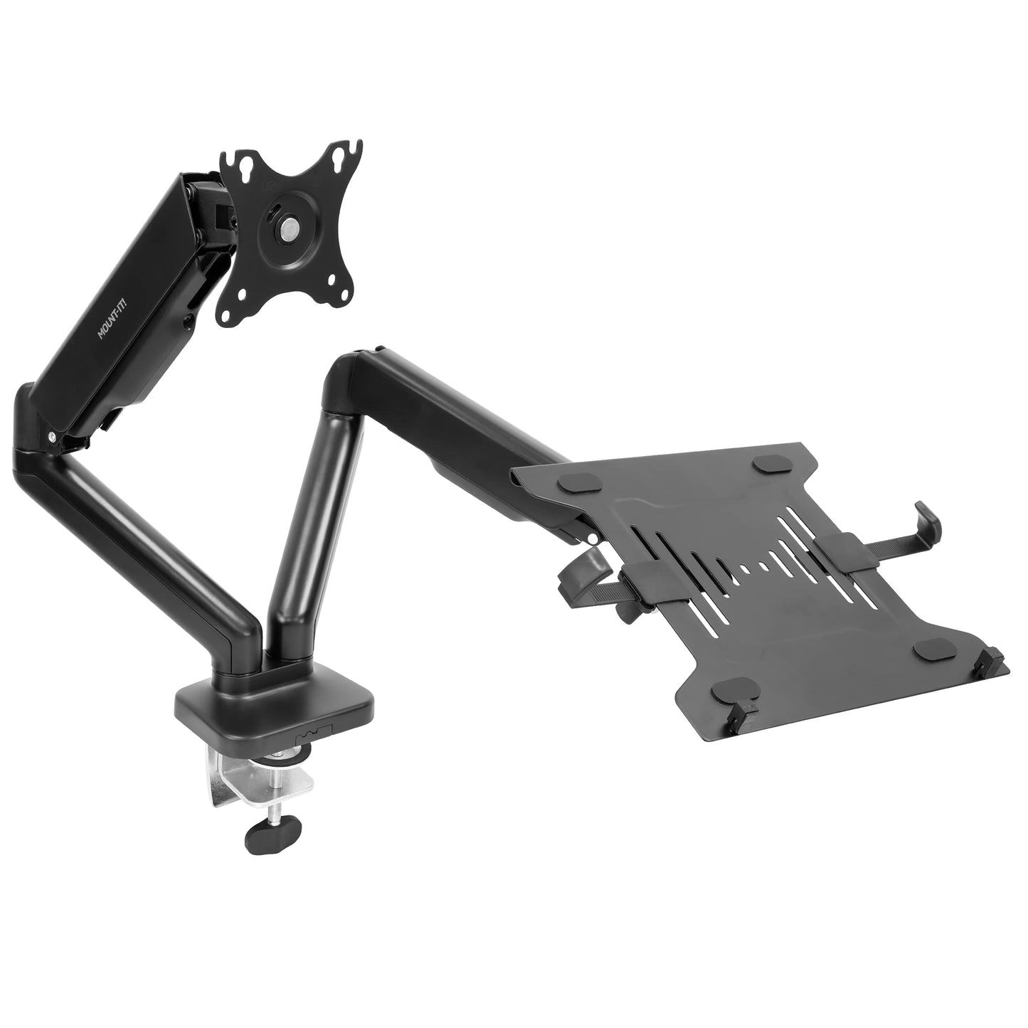 Mount-It! Monitor and Laptop Desk Mount, Height Adjustable Dual Arm Stand with Vented Laptop Tray, Fits Laptops up to 17 Inch and 13-27 Inch Monitors
