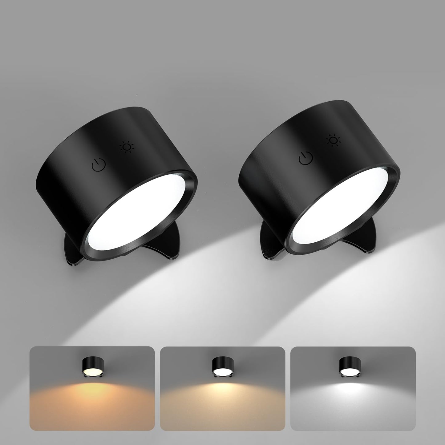 Smiling Shark Wireless Wall Lights, Rechargeable Wall Lights LED Set of 2 360° Rotate Magnetic 3 Color & 4 Brightness Stepless Dimming Adhesive