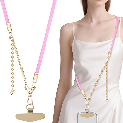 TiMOVO 2-in-1 Phone Lanyard Crossbody, Metal Cell Phone Chain Detachable Wrist Strap, Universal Smartphone Lanyard for Women, Pink