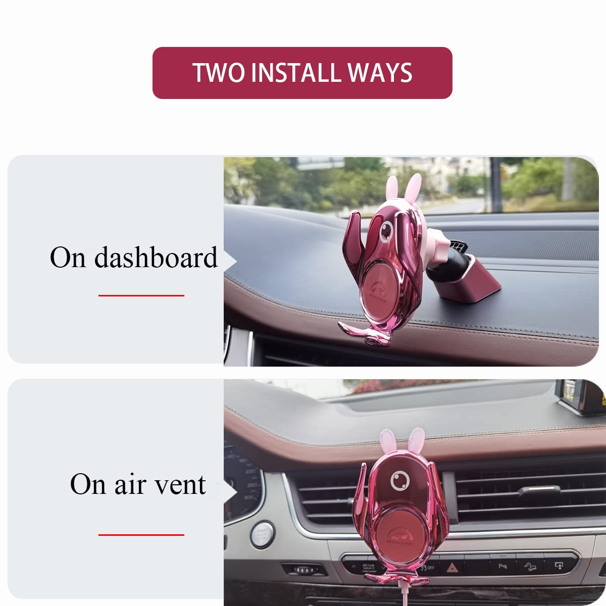 Peanutech Wireless Car Charger Mount, Auto-Clamping,15W Dashboard Vent, Pink Cute Car Phone Holder Women for iPhone Samsung Andriod Phone