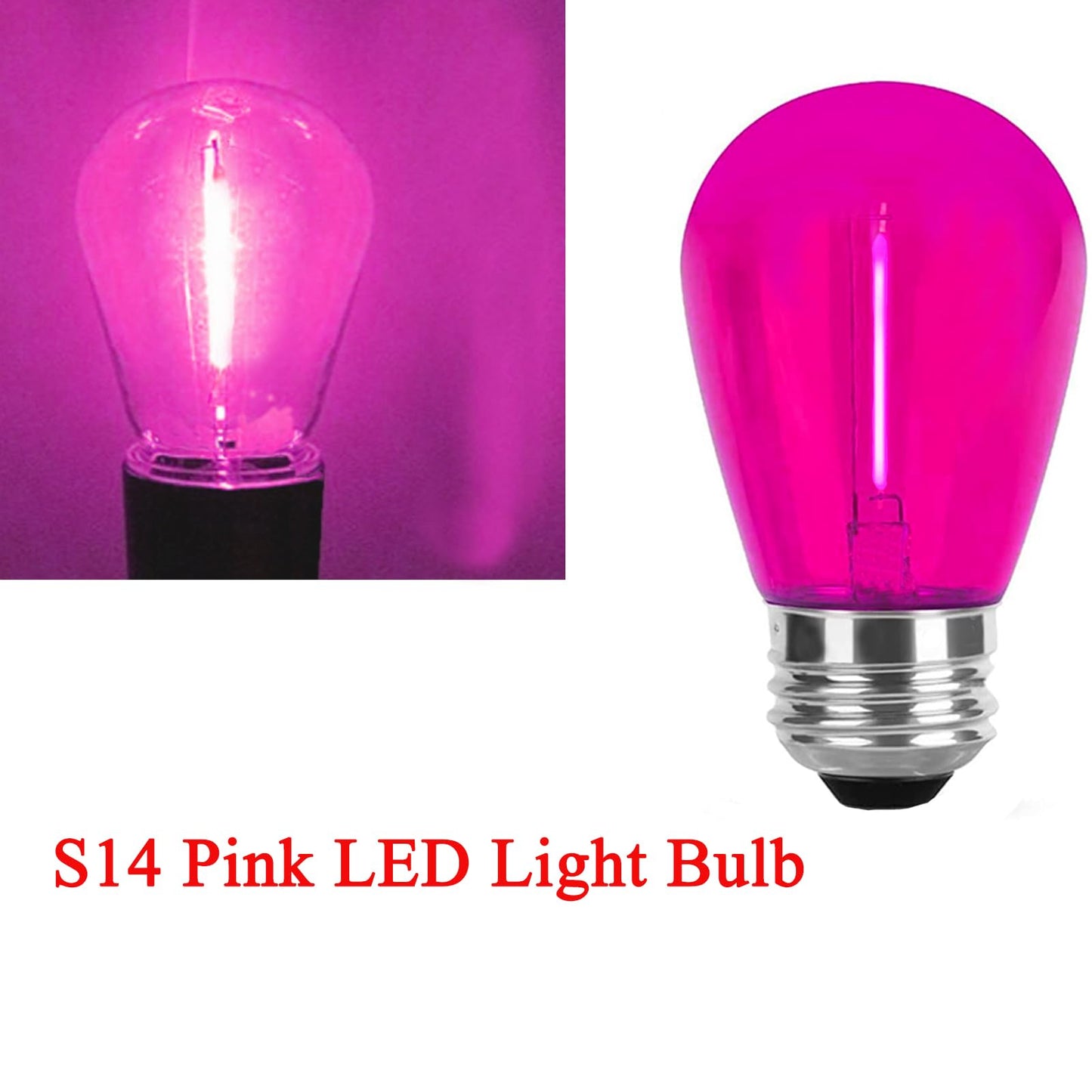 S14 Pink LED Bulb 1W Shatterproof Replacement Light Bulb E26 Base LED Filament Edison Colored Lights Waterproof Outdoor String Replacement Bulbs