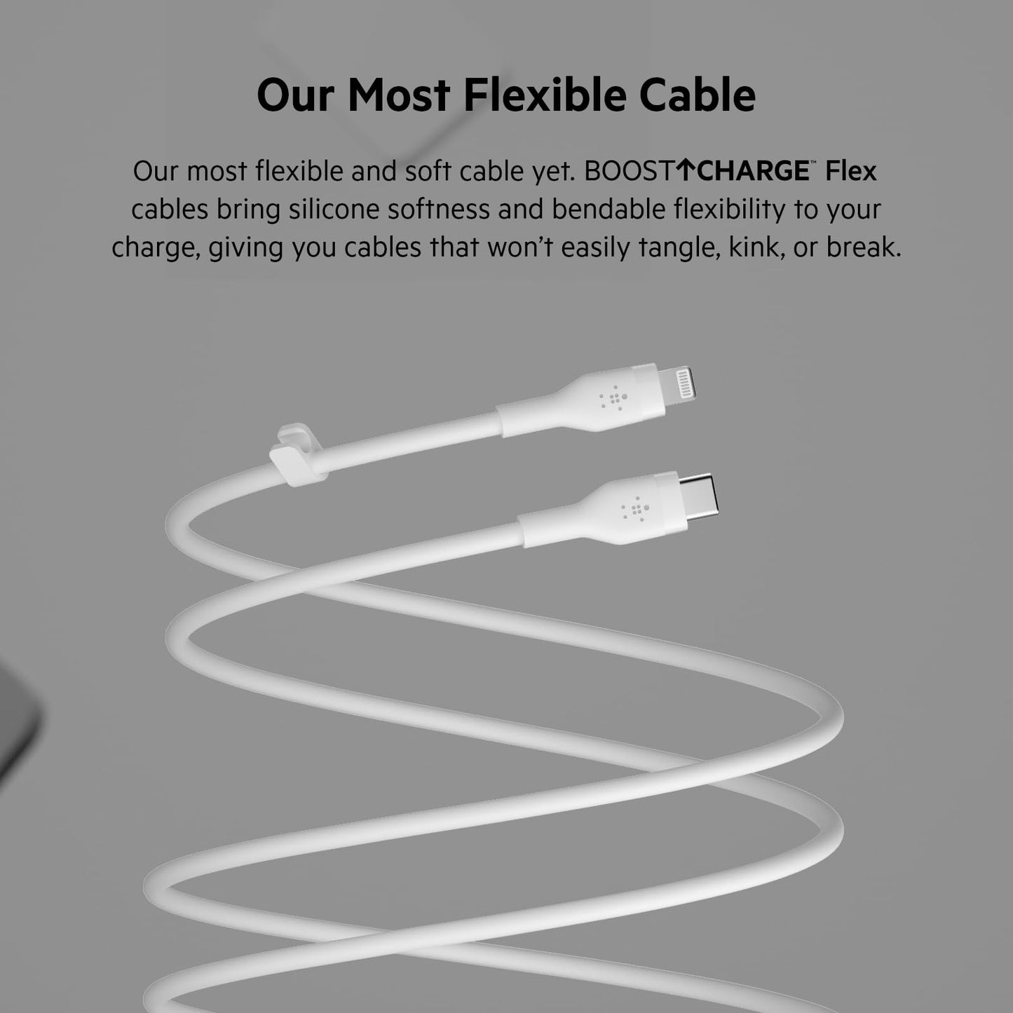 Belkin BoostCharge Flex Silicone USB-C to Lightning Cable (1M/3.3FT), MFi-Certified Charging Cable for iPhone Series with Cable Clip - White