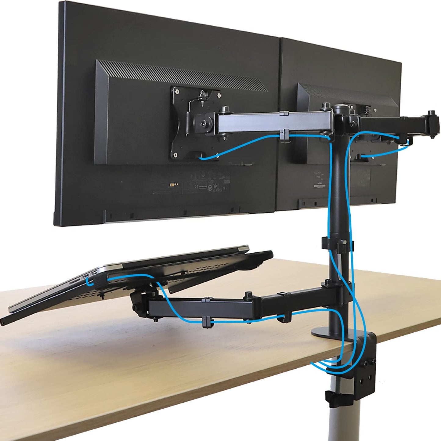 AEONS Dual Monitor and Laptop Desk Mount Combo Stand with Notebook Tray fits 17 inch, 3-in-1 Adjustable Triple Arm Mount fits 27 inch LCD Screen