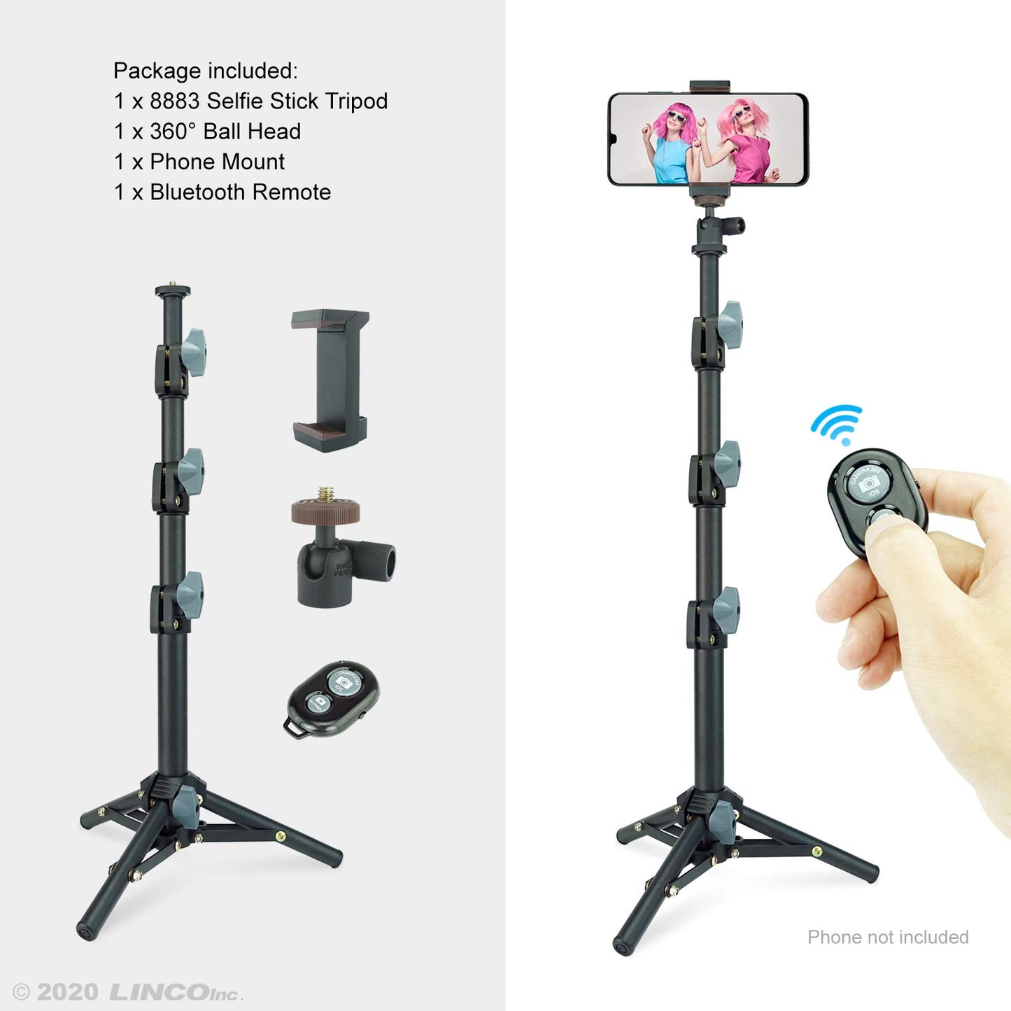 Selfie Stick & Tripod LINCO, Integrated, Portable All-in-One Professional, Heavy Duty, Lightweight, Bluetooth Remote for Apple & Android Devices