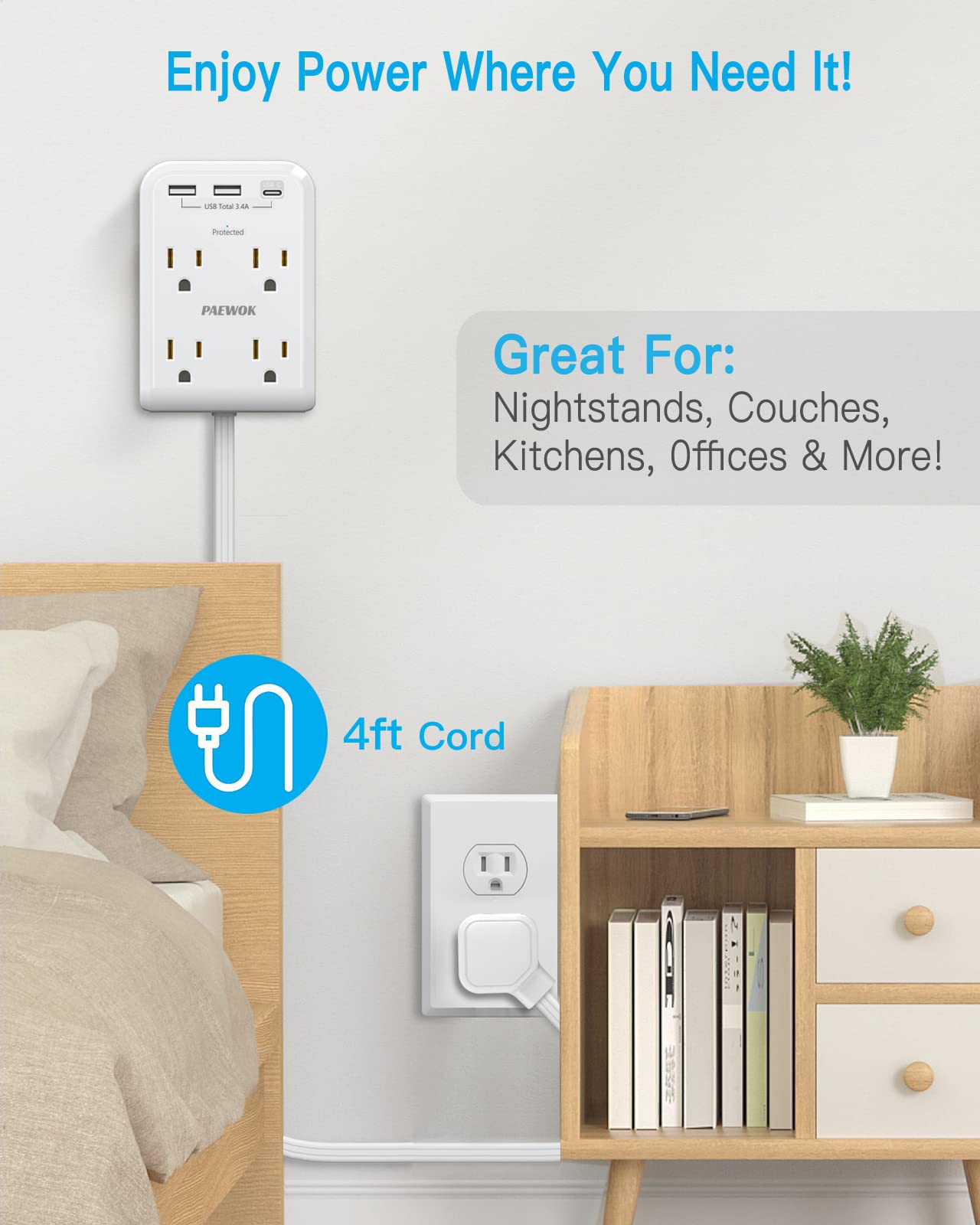 Surge Protector Power Strip, Outlet Extender Stick with USB C Ports, 4 Outlet 3 USB, 4 FT Extension Cord Flat Wall Plug, Home Office Dorm Room