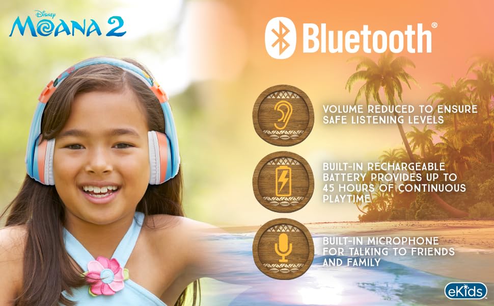 Disney Moana 2 Bluetooth Headphones for Kids Wireless Headphones for School