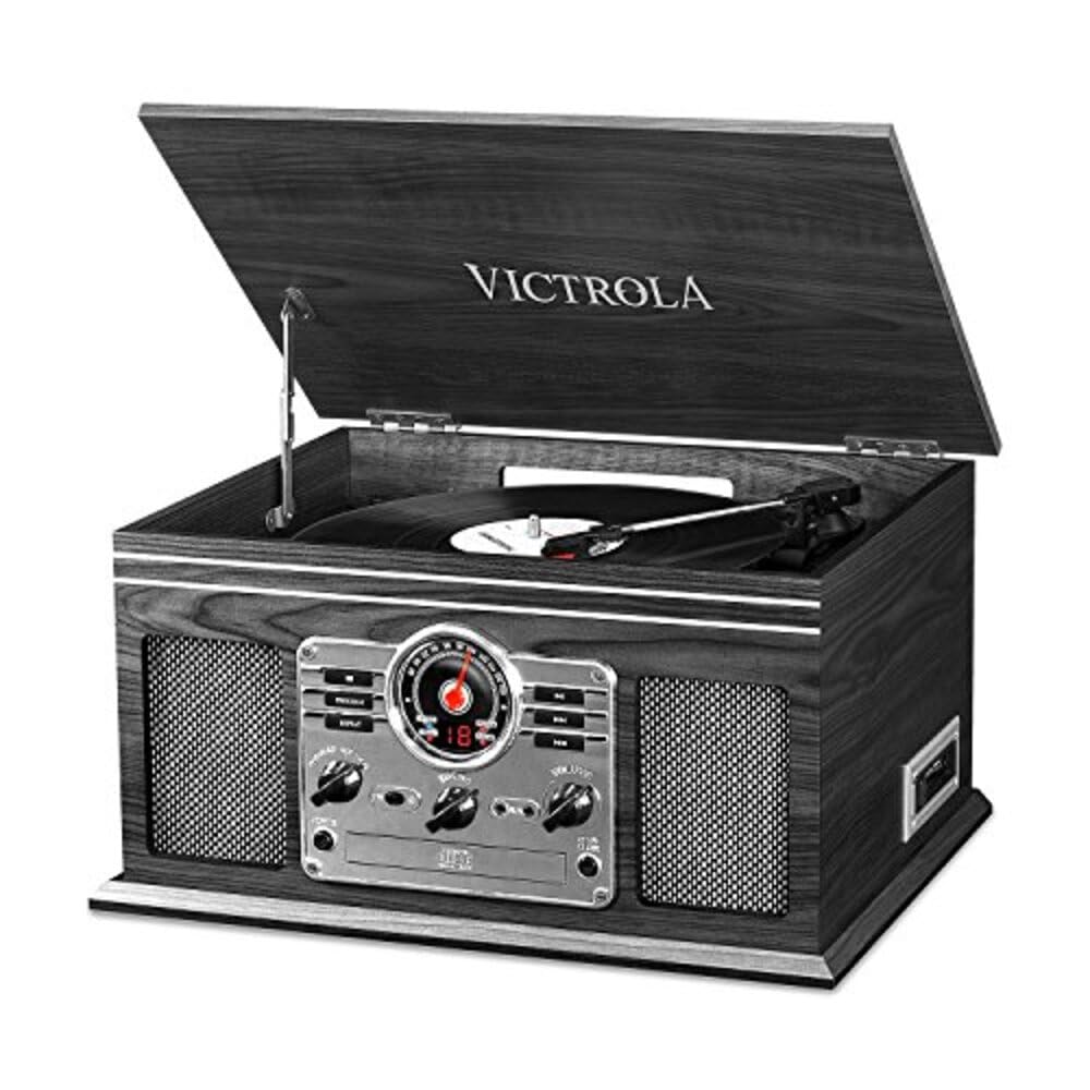 Victrola The Quincy 6-in-1 Bluetooth Record Player & Multimedia Center with Built-in Speakers - 3-Speed Turntable, CD & Cassette Player, FM Radio
