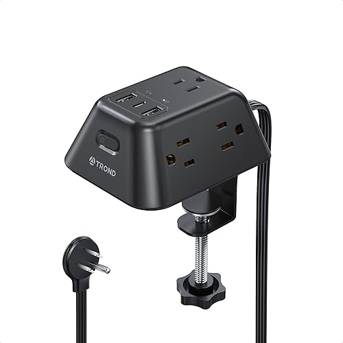 Desk Clamp Power Strip, Surge Protector with 5 AC Outlets and 3 USB Ports, Desk Mount Charging Station, Fit 1.97in Tabletop Edge Thick, 6FT Extension