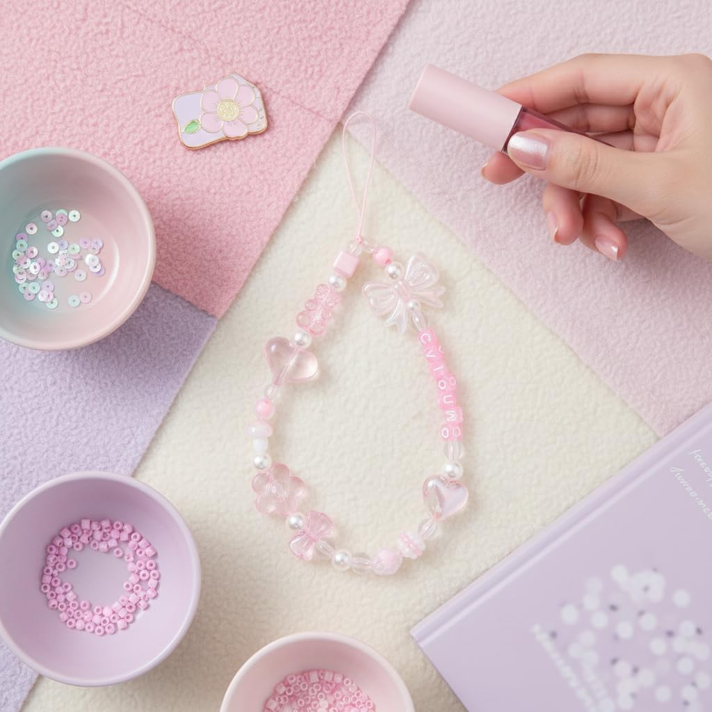 NexusPulse Pink Acrylic Beaded Mobile Phone Straps Anti-Lost Hand Strap Pendant Hanging Rope Phone Wrist Hand Lanyard Home Cell Phone Charms Button
