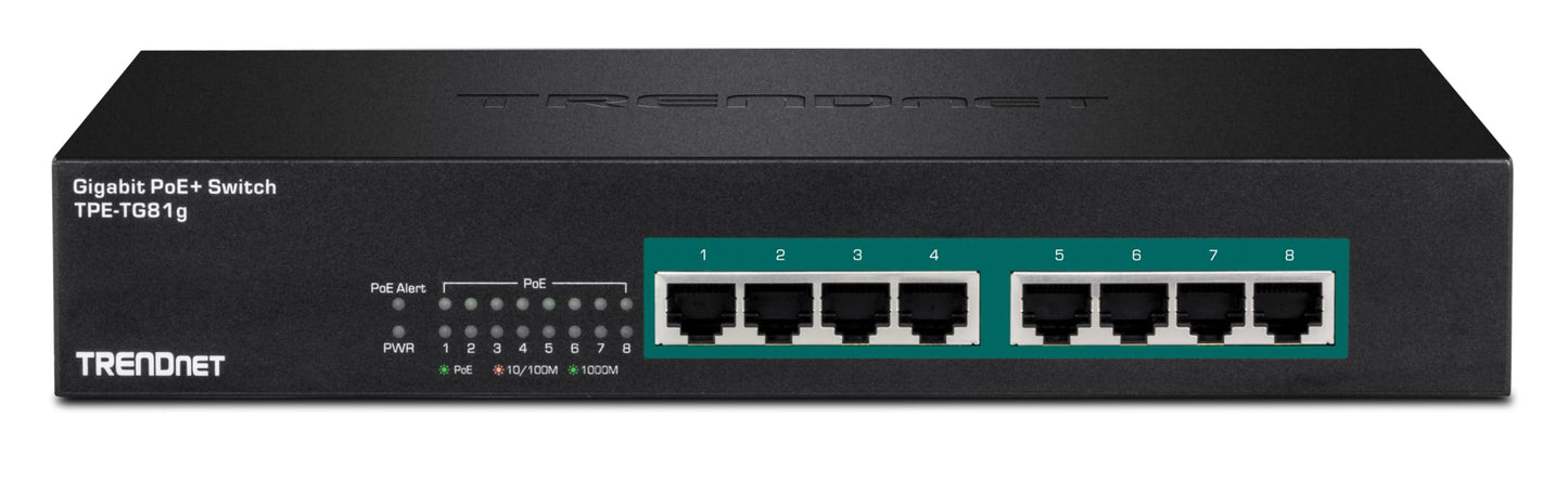 TRENDnet 8-Port Gigabit GREENnet PoE+ Switch, TPE-TG81g, 8 x Gigabit PoE+ Ports, Rack Mountable, Up to 30 W Per Port with 110 W Total Power Budget