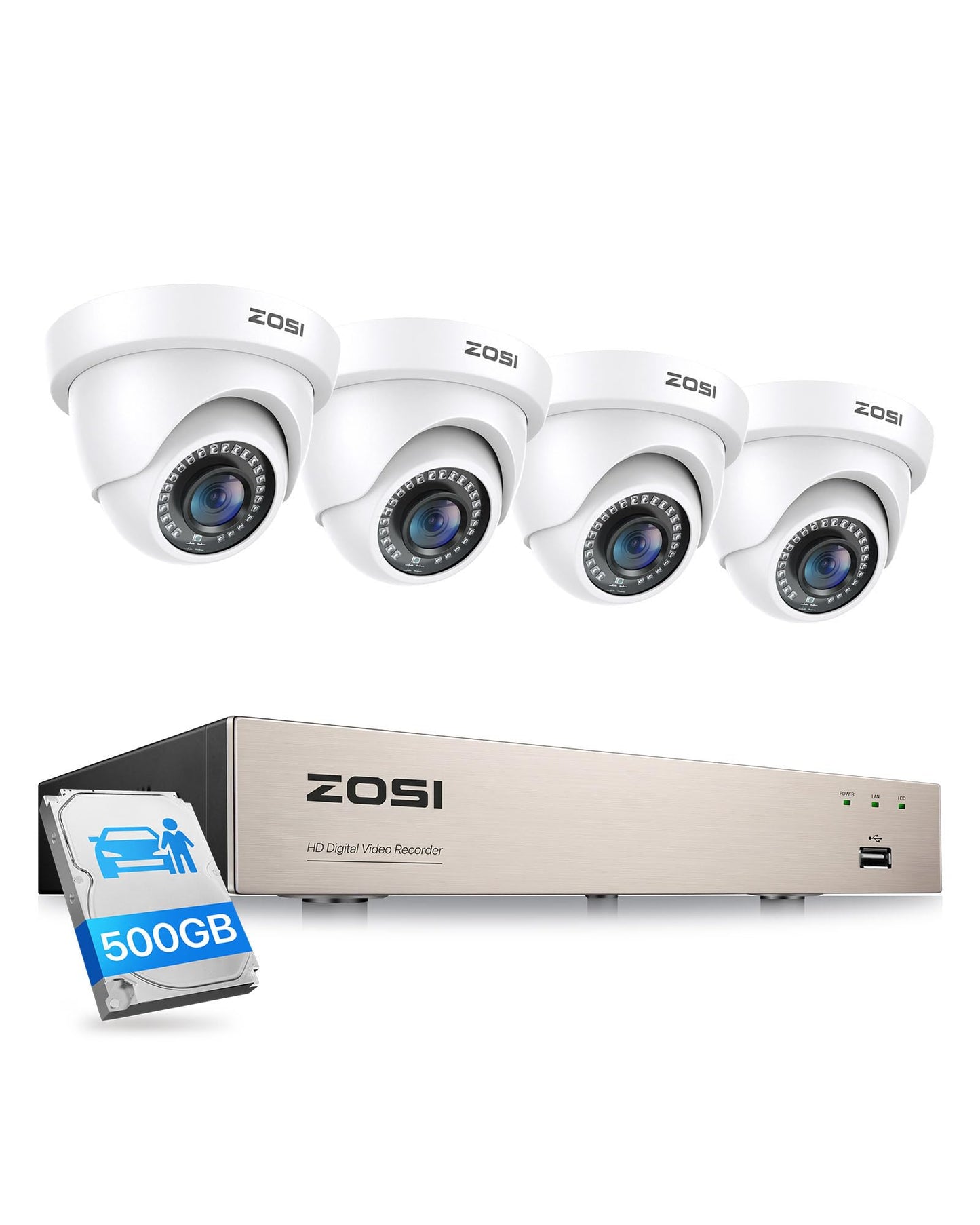 ZOSI Security Camera System 8CH 1080N/720P 4-IN-1 HD-TVI DVR Recorder with (4) 1.0MP 1280TVL Weatherproof Indoor/Outdoor Surveillance Dome Cameras