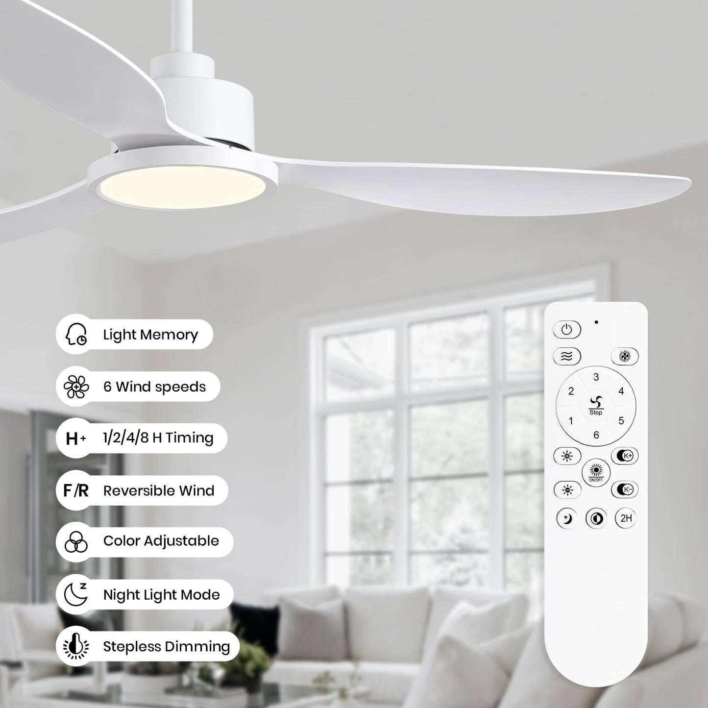 MOOONICHE 52" White Ceiling Fan with Light and Remote, Dimmable Fandelier Ceiling Fans, 6-Speed Wind Modern Fan Light with 3 Blades, Smart Timer