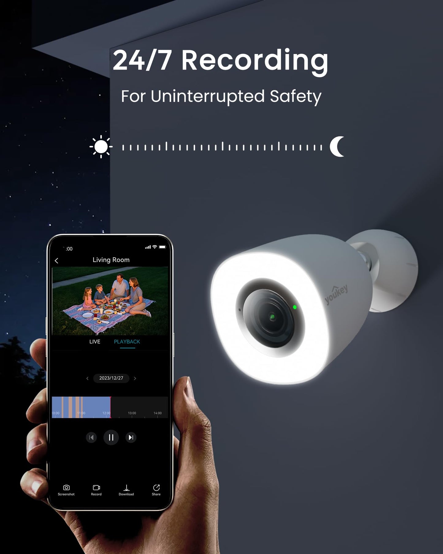 youkey 4K Wired Security Camera Outdoor, F1.0 Color24 Night Vision, Plug-in Cameras for Home Security Outside, 24/7 Continuous Recording, 130°FOV