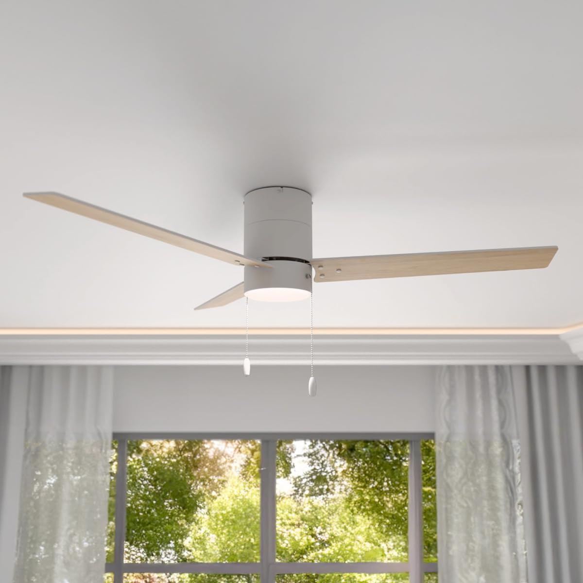 East Grove Home Heritage 52in 3-Blade Pull Chain Flush Mount Fan 2700K-3000K-4000K-5000K-6000K CCT Selectable LED Light Kit with White Hardware