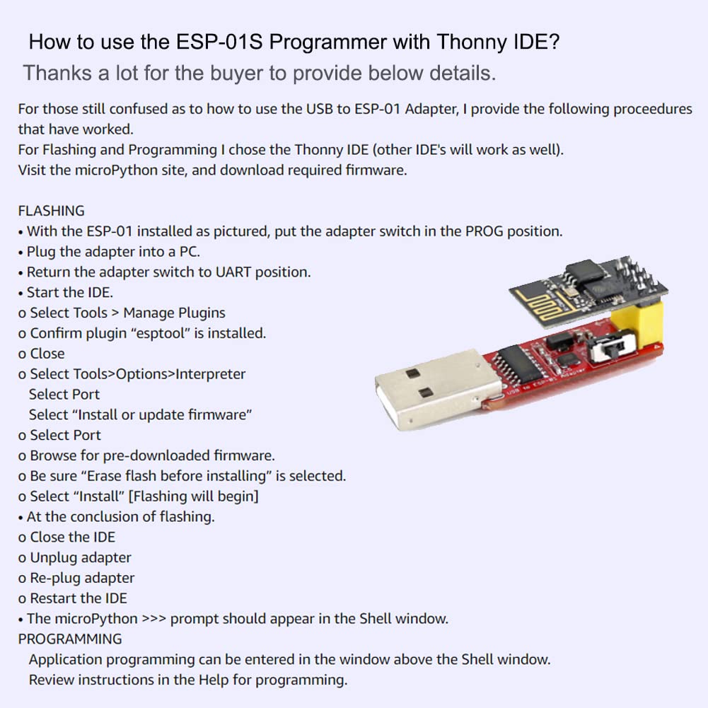 Wishiot ESP-01S Programmer USB to ESP-01 Adapter ESP8266 Wireless WiFi Module Wi-Fi CH340G UART PORG, 4.5-5.5V 115200 Baud Rate 2PCS