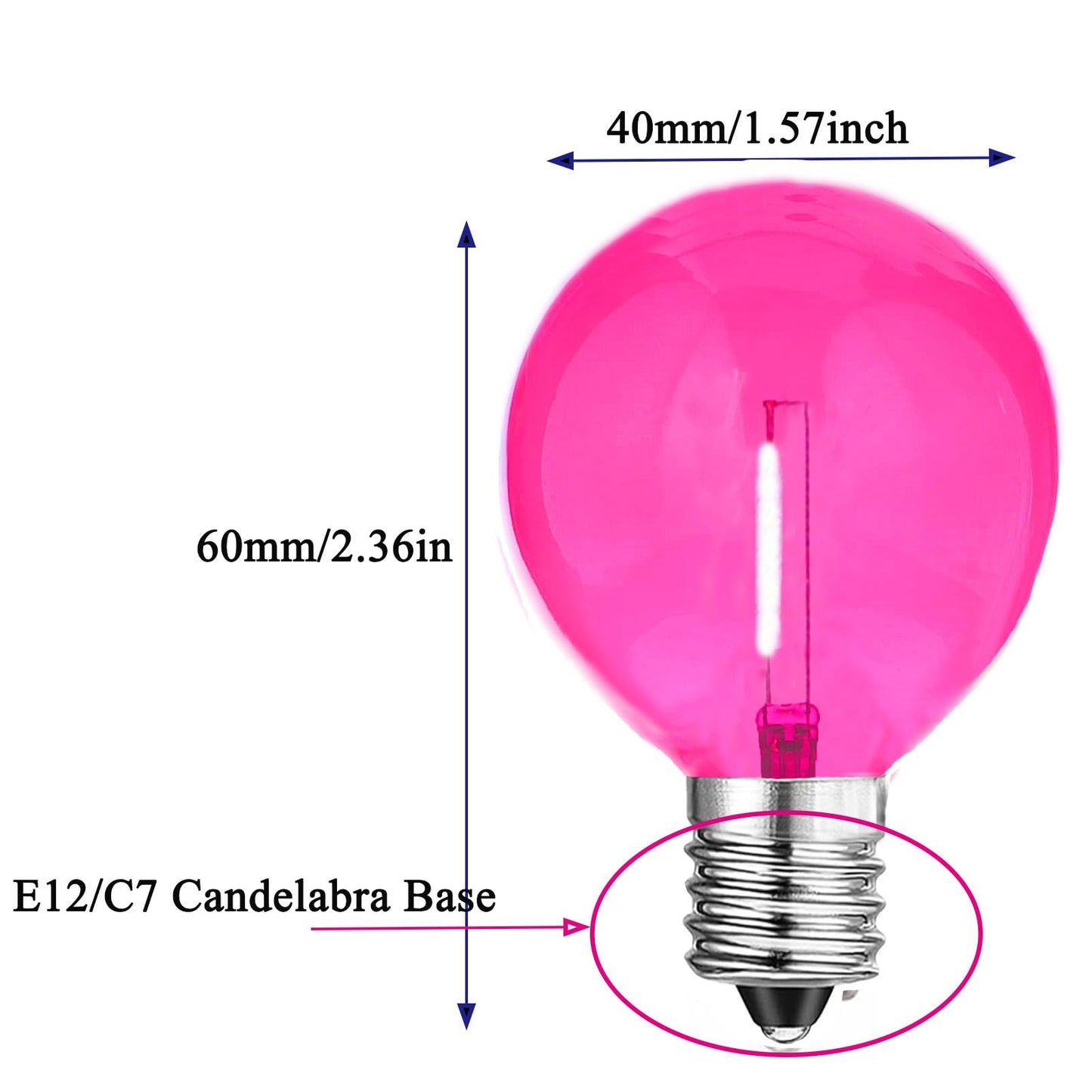 G40 Pink LED Replacement Light Bulbs - 1W LED Filament Bulb, Shatterproof Waterproof Outdoor String Lights, Decorative Globe Night Light, E12/C7