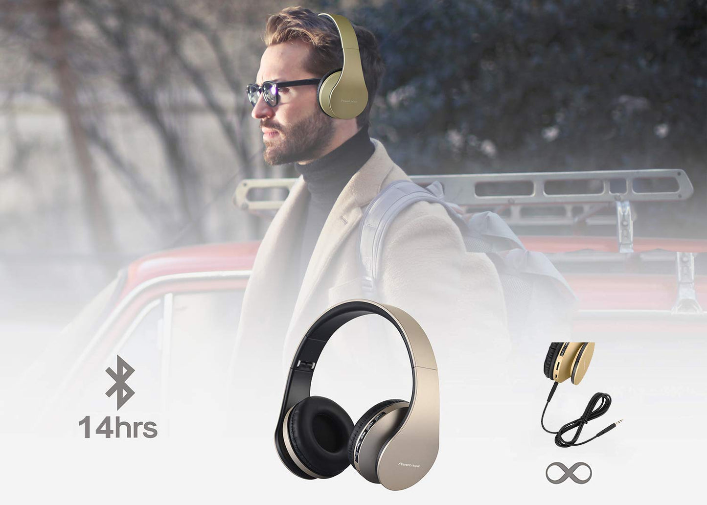 PowerLocus Wireless Bluetooth Over-Ear Stereo Foldable Headphones, Wired Headsets Rechargeable with Built-in Microphone for iPhone, Samsung, LG, iPad…