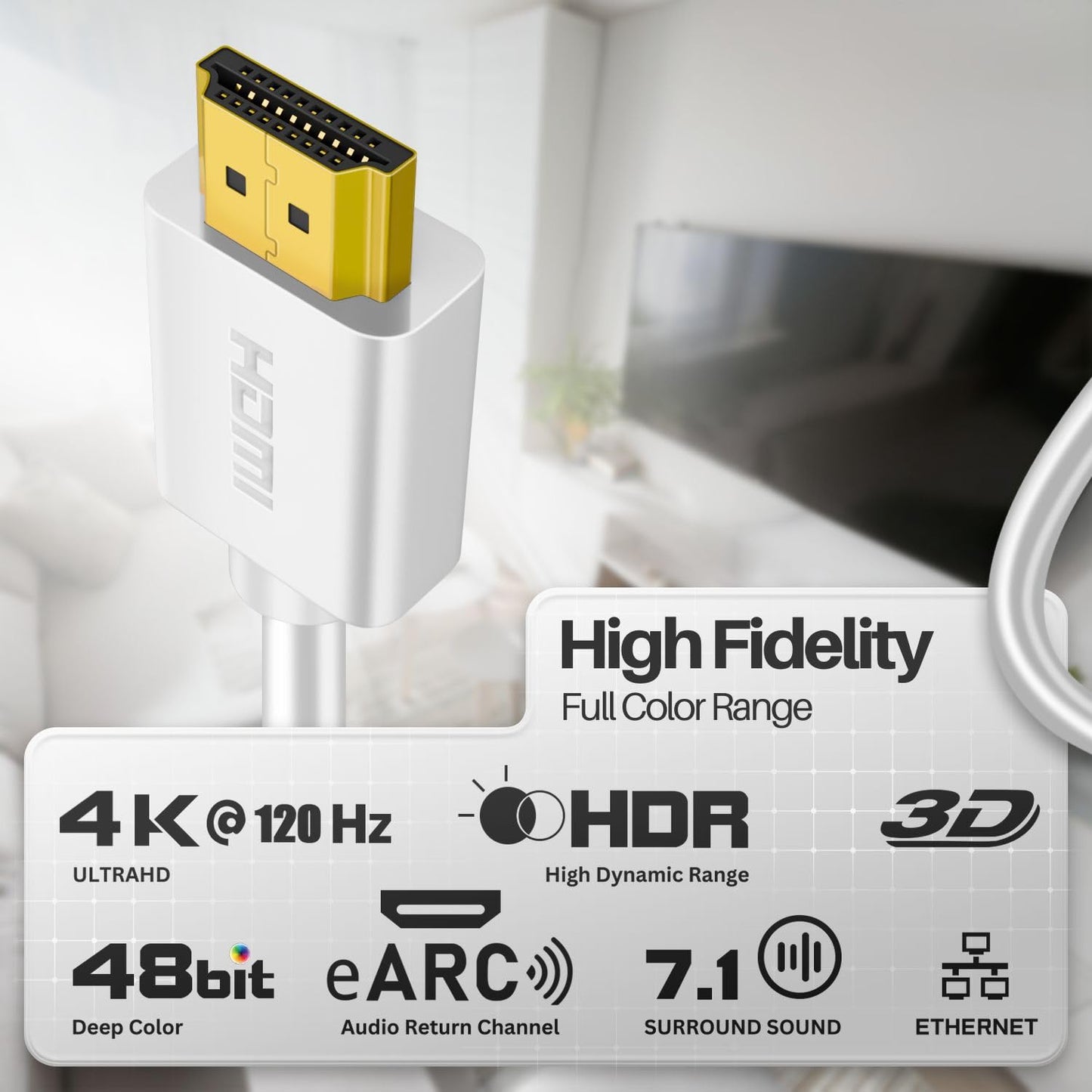 TNP 4K HDMI Cable Right Angle 90 Degree (15 FT) - White High Speed 18GBPs HDMI Wire Cord Support 4K 60Hz 2K 2160p 1440p 1080p 3D ARC/eARC Ethernet