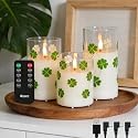 LEDHOLYT Rechargeable Flameless Four-Leaf Clover Glass Candles, Real Wax Candles Warm Color Flickering Light with Remote and Timer,Festival Home Decor