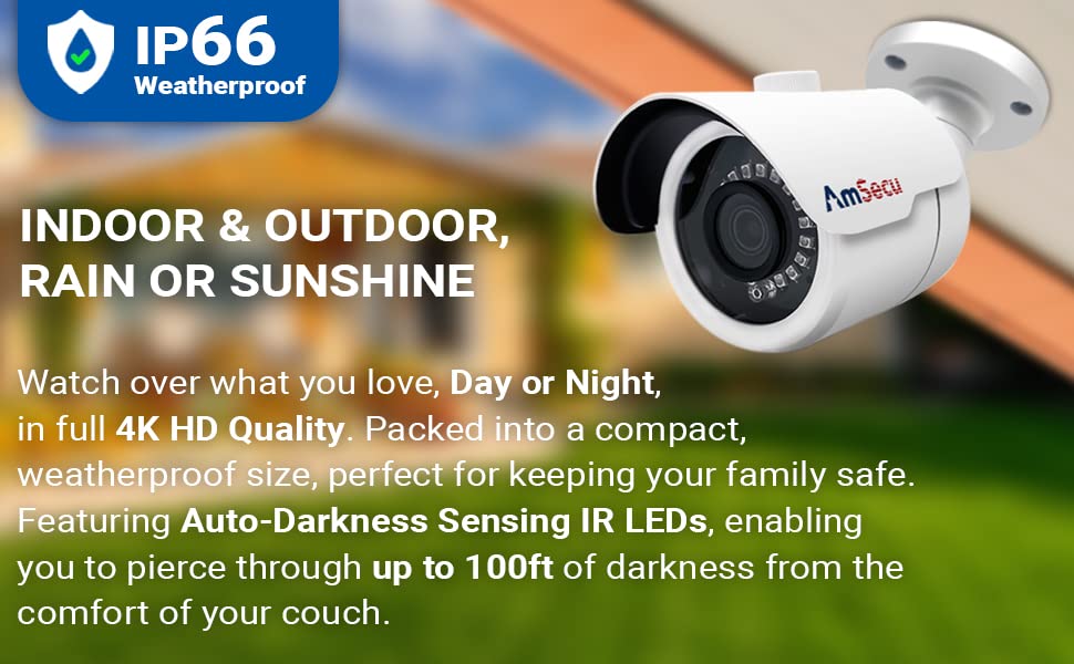 AmSecu 4K Security Camera, CA-IP-B36R Mini PoE IP Camera 8MP Bullet Surveillance Camera, Third Party Support & IP Camera Protocols, RTSP, and Blue