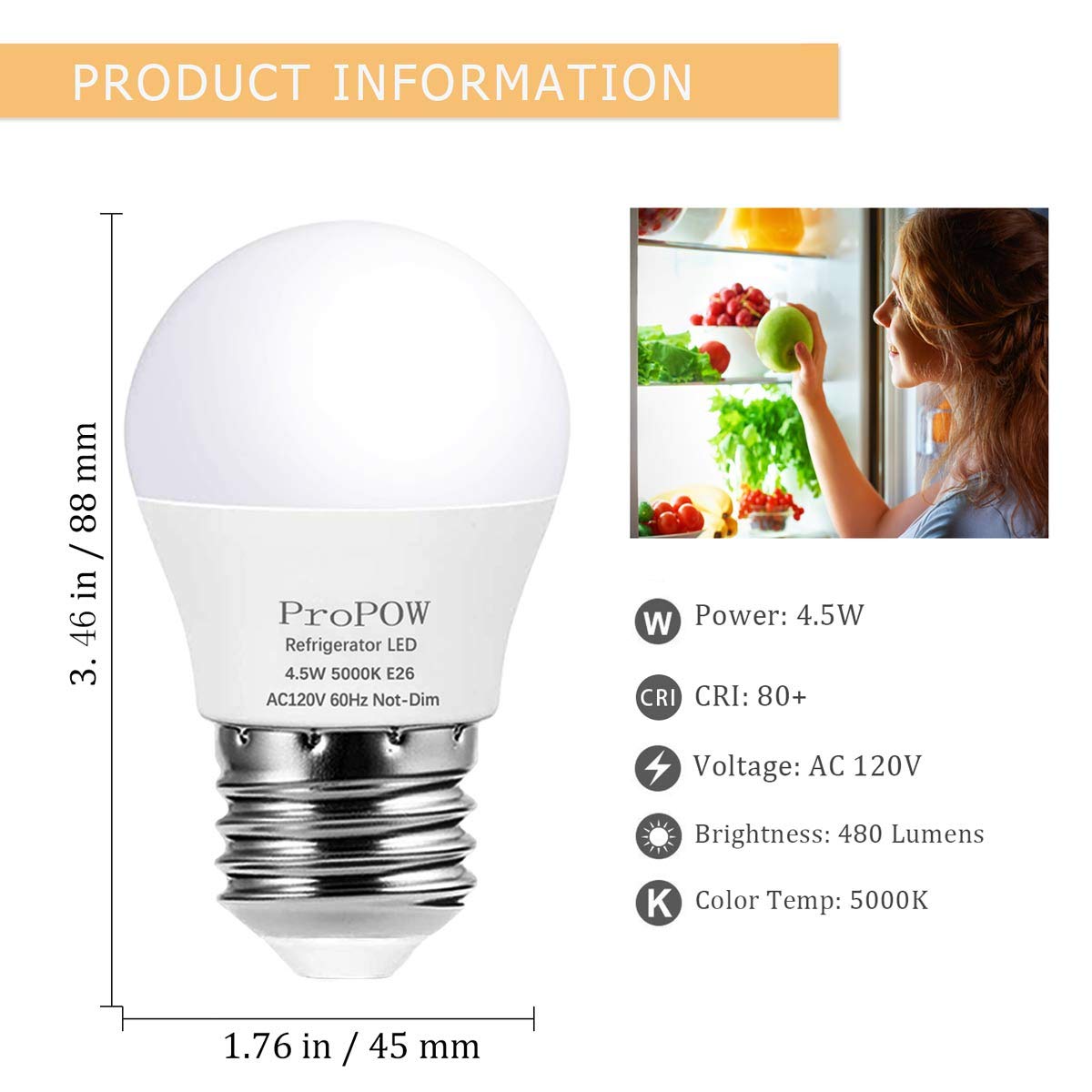 ProPOW LED Refrigerator Light Bulb 40 Watt Equivalent 120V 4.5W Fridge Bulbs Daylight White 5000K E26 Medium Base, Energy Saving A15 Freezer Light