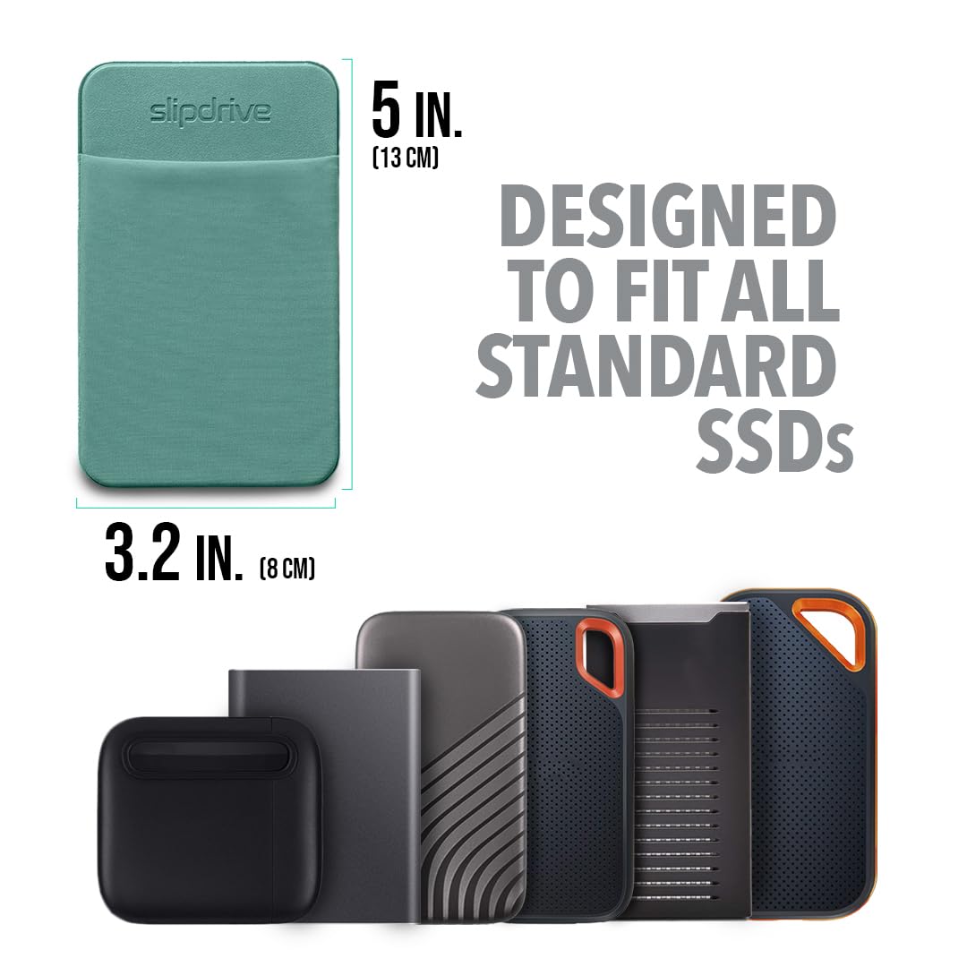 Slipdrive - Portable Hard Drive Sleeve for Laptop - SSD Solid State Drive - Reusable Adhesive - 5” x 3.2” Stick on External Hard Drive Carrying Case