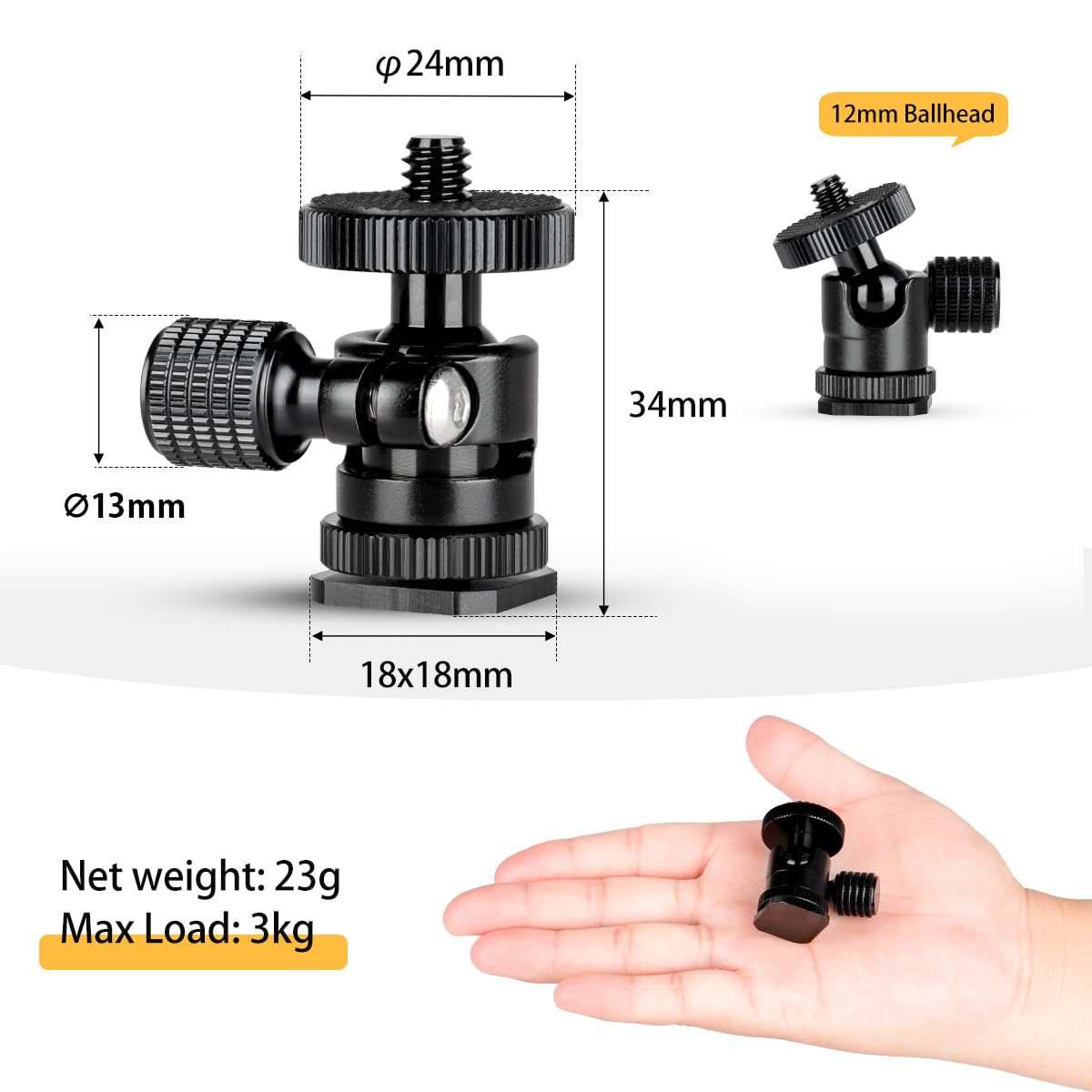koolehaoda 1/4 Mini BallHead & Hot Shoe Mount Adapter for Camera Video Light Tripod Monopod (1/4 Ball Head)