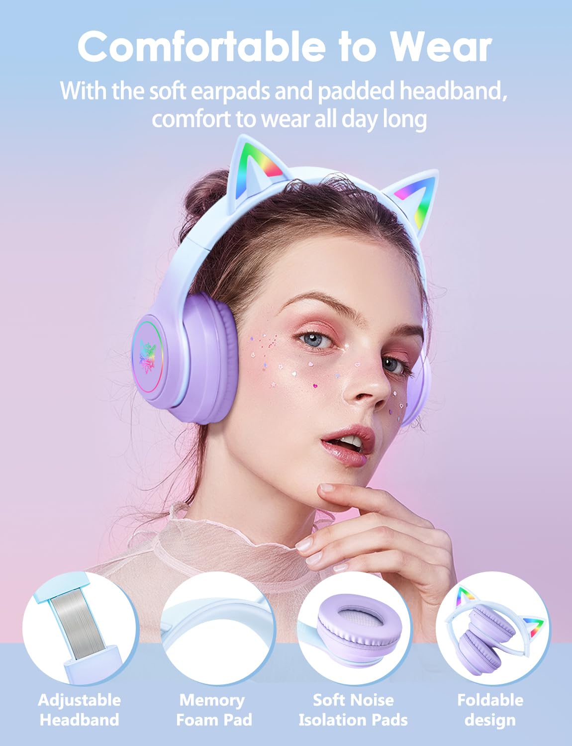 ONITOON Cat Ear Bluetooth Headphones with Micphone for Kids & Adults, LED Light Up Wireless HI-FI Sound Quality, Over-Ear Headphones with Volume