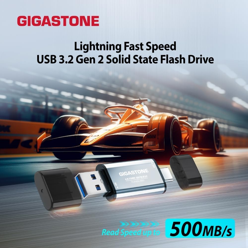 Gigastone Duo Go USB-A+C 1TB Dual External Portable SSD 500MB/s Glossy Surface, Supports Apple 4K 60fps ProRes HDR Video Recording USB3.2 Gen 2