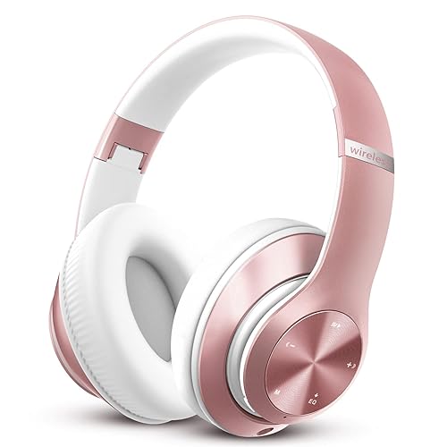 Tuitager 9S Over Ear Bluetooth Headphones, 60 Hours Playtime, Hi-Fi Stereo, Deep Bass, Microphone, Foldable, Rose Gold