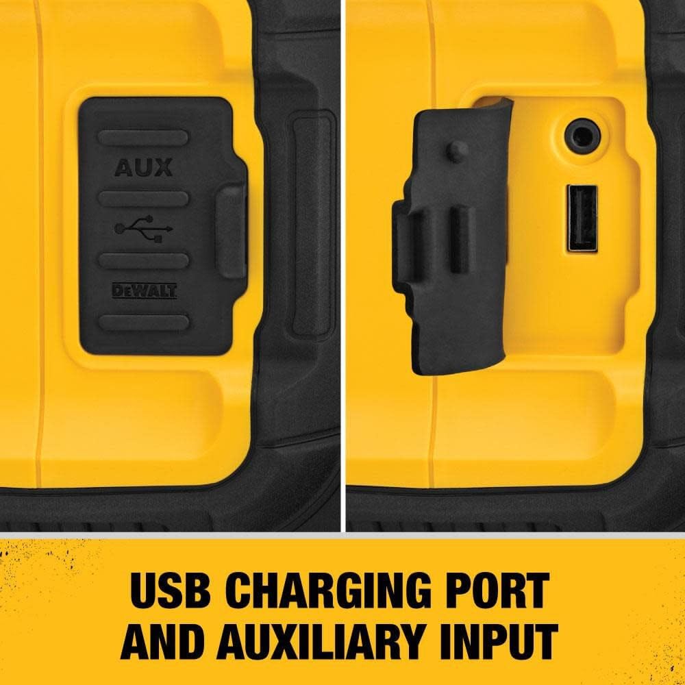 DEWALT 20V MAX Bluetooth Speaker, 100 ft Range, Durable for Jobsites, Phone Holder Included, Lasts 8-10 Hours with Single Charge (DCR010)