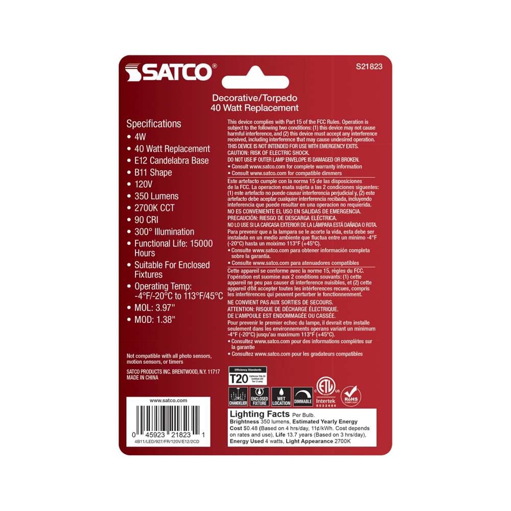 Satco S21823, B11 LED Bulbs, Frosted, E12 Base, 2-Pack, Commercial Lighting
