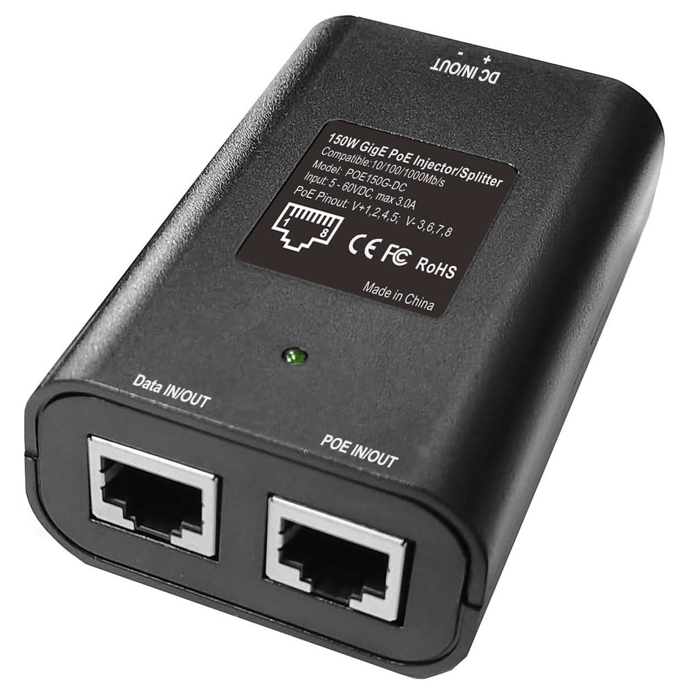 Gigabit DC PoE Injector | 12V 24V 48V (5-60V) DC Input | Max 3A 150W High Power 4 Pair Passive PoE Injector/Splitter, Compatible with Tycon Systems