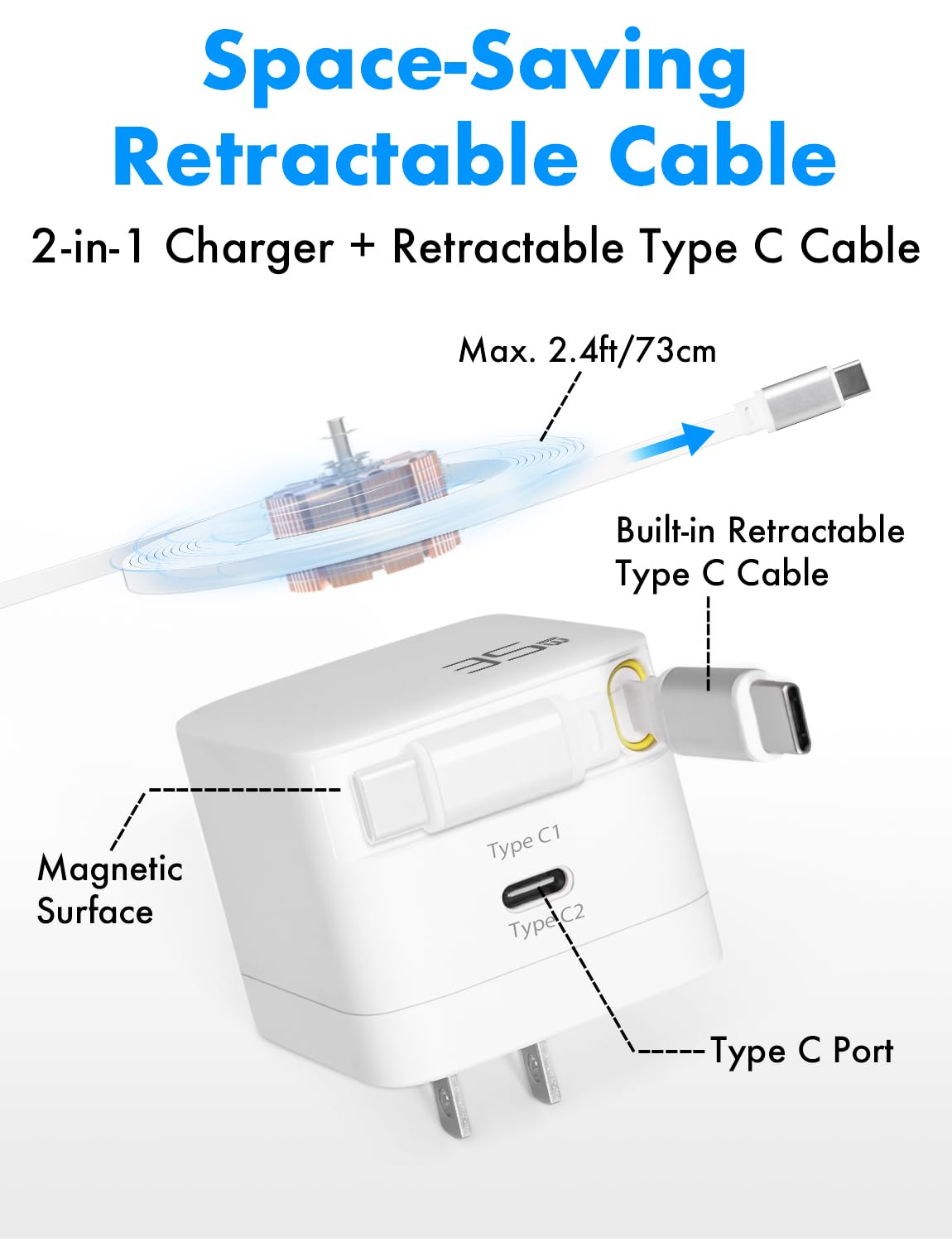 TRAVEL DEPOT USB C Retractable Charger, GaN PD 35W Charger Block w/Retractable Type C Cable Portable Wall Phone Chargers Fast Charging Adapter