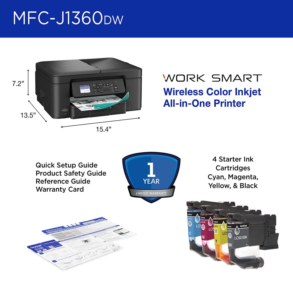 Brother Work Smart 1360 Wireless Color Inkjet All-in-One Printer Bundle with 3-Pack High Yield Color Ink Cartridges (Cyan/Magenta/Yellow) + Twin Pack