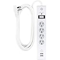 GE Surge Protector, 4 Outlets 2 USB Ports, Extra Long 8ft. Power Cord, White, 25798