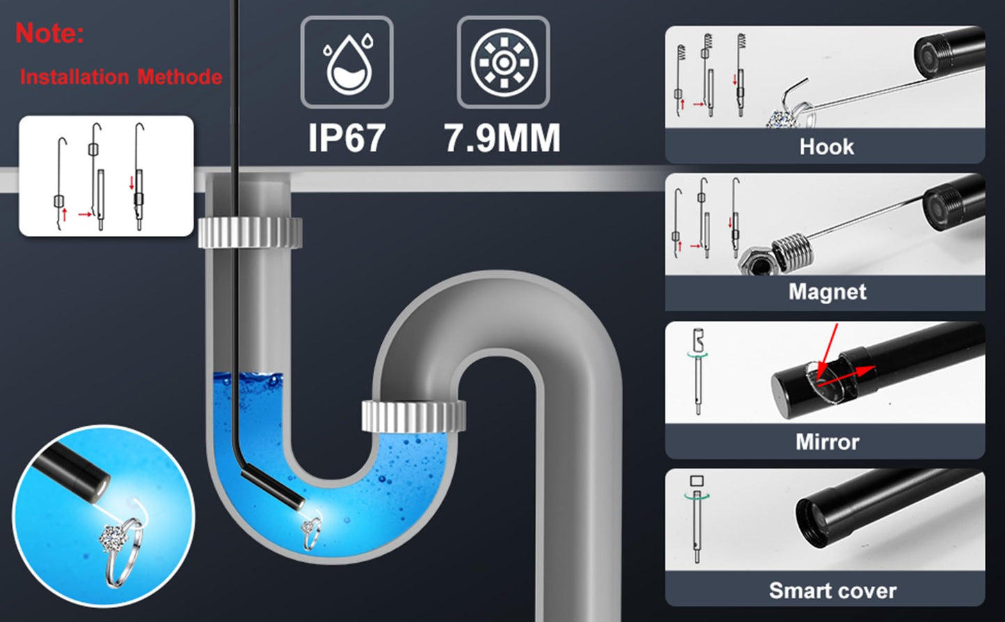 POLEDY Endoscope Camera with Light, 1920P HD Borescope, 8 Adjustable LED Light, IP67 Waterproof 16.4ft Snake Camera, Semi-Rigid Cable Inspection