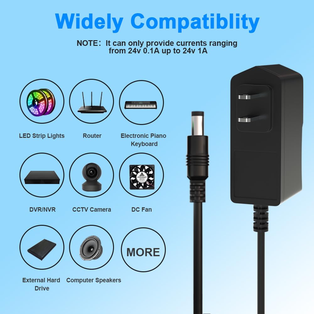 24V 1A Power Supply Adapter AC to DC 24V 1A with 2.5mm X 5.5mm Plug for LED Strip Lights/Cable Modem/Router/Electronic Piano Keyboard and More 24V…