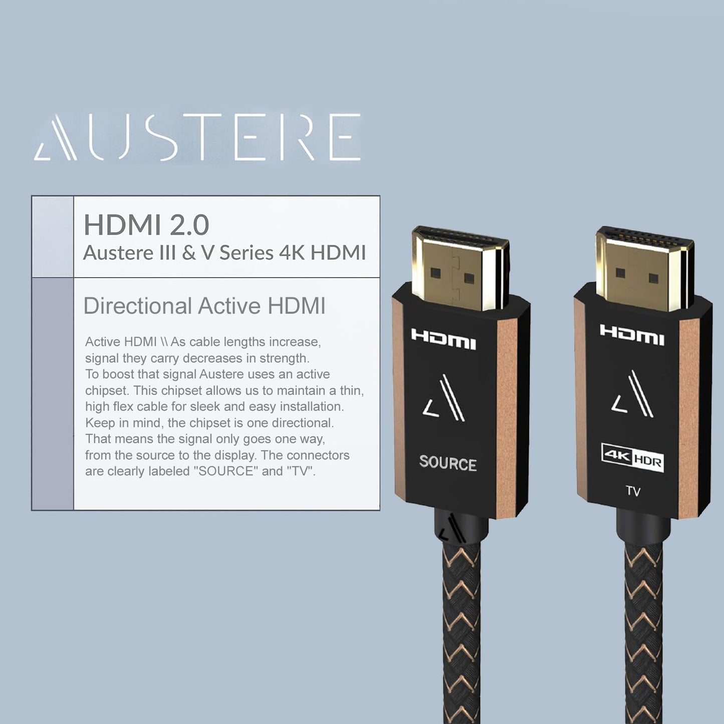 AUSTERE III Series Premium 4K Directional Active HDMI Cable 5m, 4K HDR, High Fidelity ARC, Gold Contacts & High Speed Flex Cable, 18Gbps for 4K60