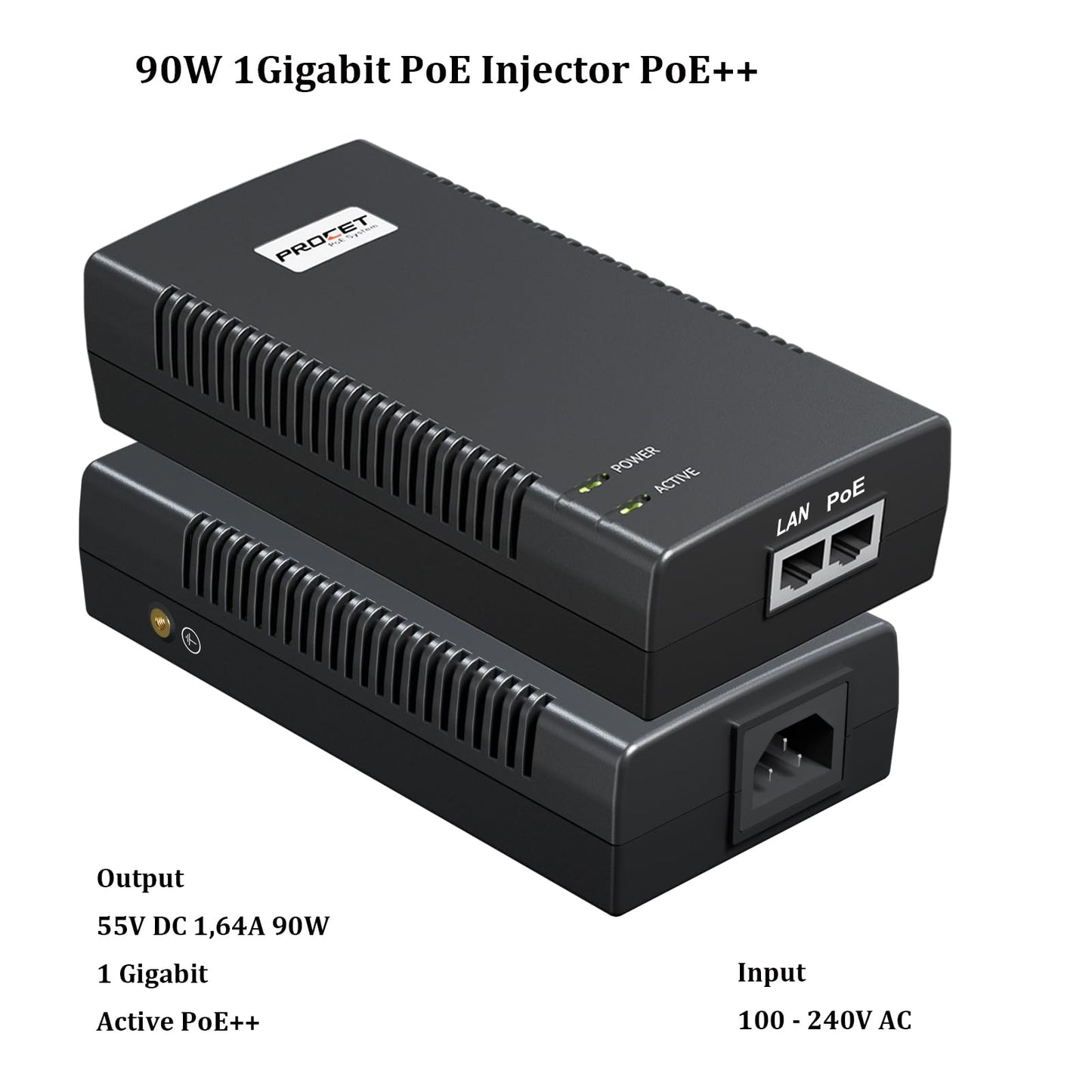 PROCET Gigabit PoE Iniector 90W PoE++ Power Injector with 6KV Surge Protector for HD PTZ AI Camera, CCTV Camera, Gate Hub, Wireless AP, Base Station
