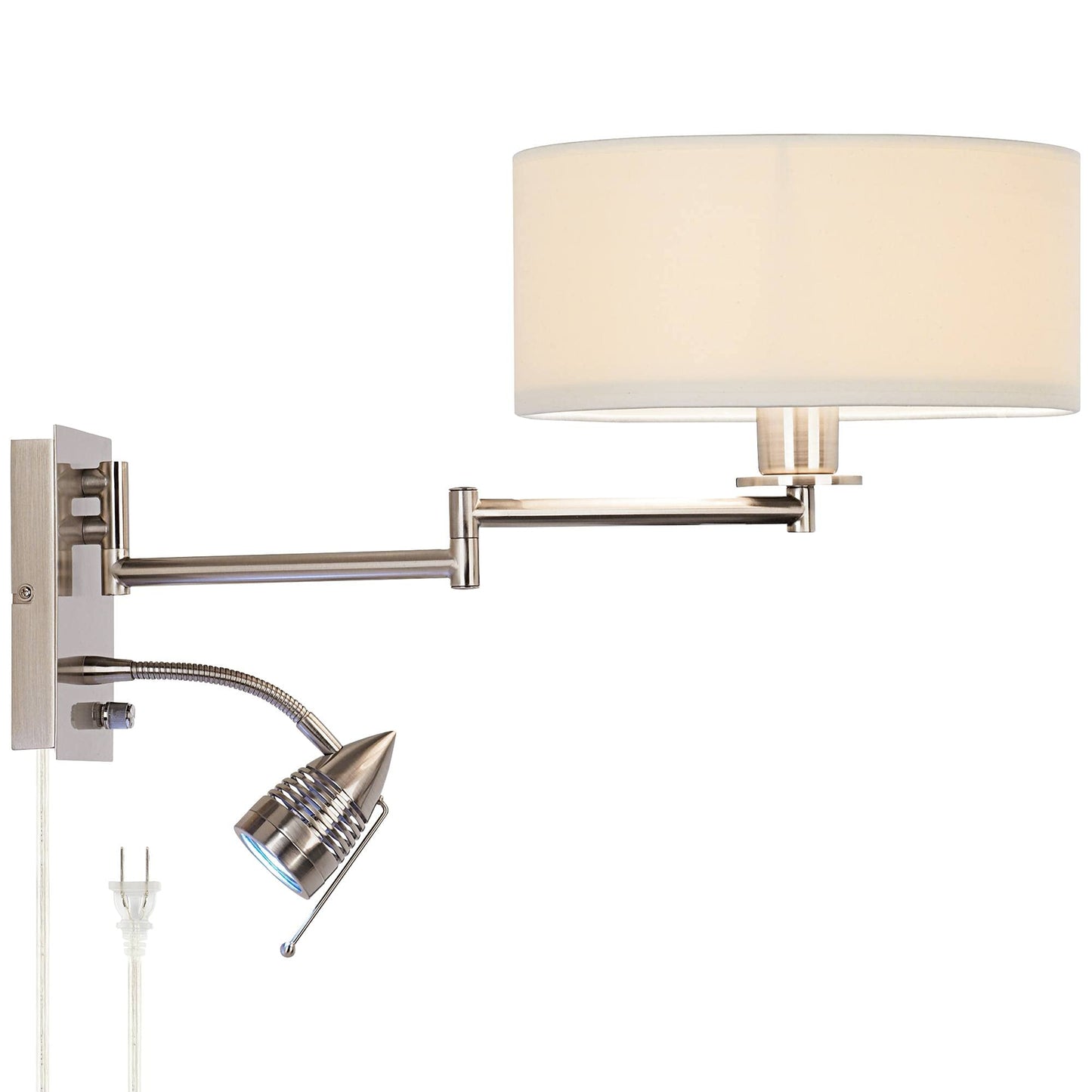 Possini Euro Design Tesoro Modern Swing Arm Wall Mounted Lamp Adjustable LED Brushed Nickel Plug-in Light Fixture Off White Drum Shade for Bedroom