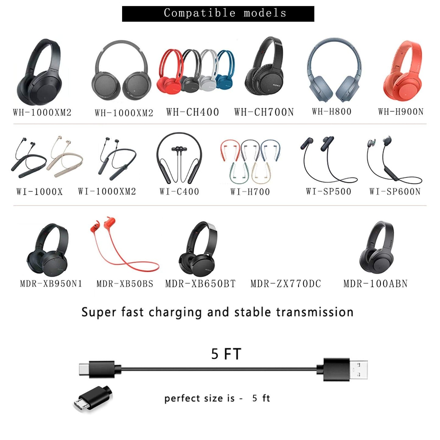 5ft Wireless Earbuds Charger Charging Micro-USB Cable Cord for Sony WH-H900N WH-1000XM2 WH-CH700N WI-1000X/C400/H700