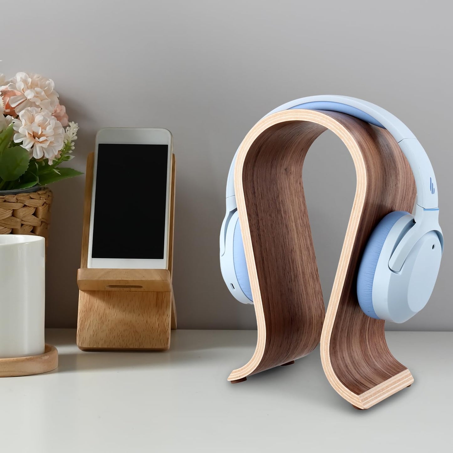 QWORK Wood Headphone Stand - Headset Holder, Arch Bridge Design - Universal Compatibility, Ear Headphones Hanger Holder, Stylish Desk Headset Holder…