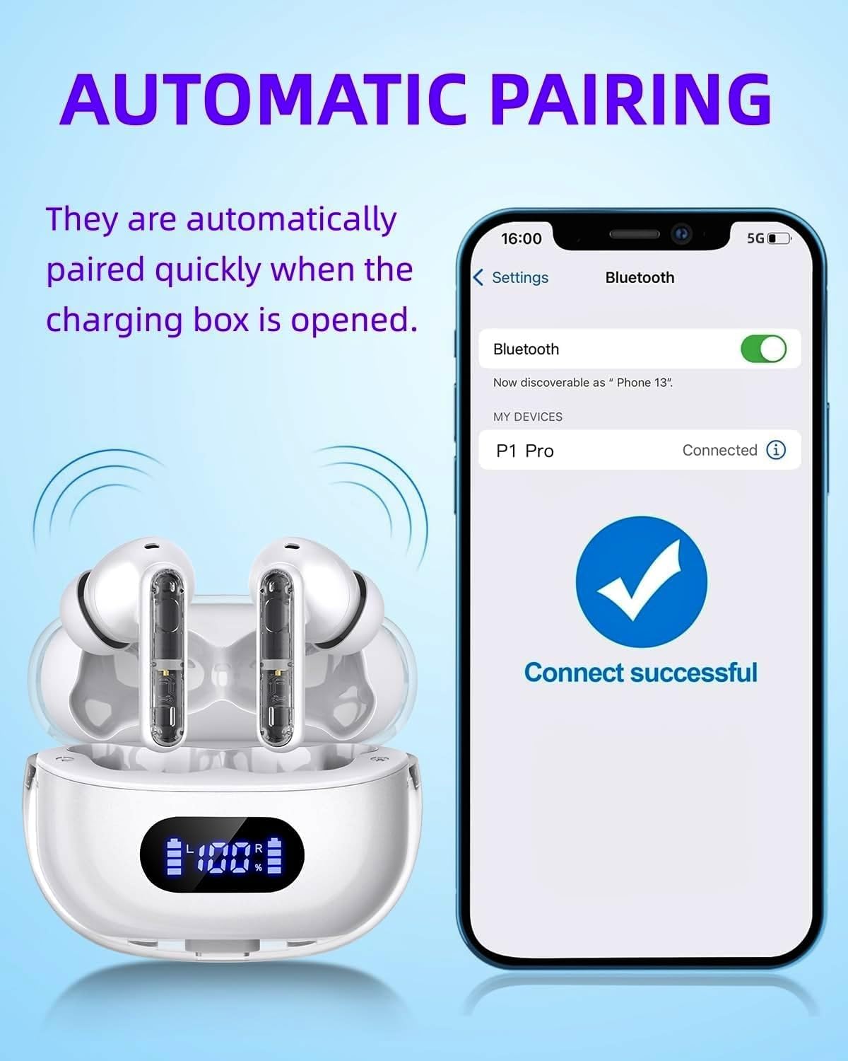 BYDTOOPCBD Wireless Earbuds P1 PRO, Earphones Wireless Bluetooth Headphones with Clear Call Mics Ear Buds, Comfortable Fit, IPX7 Waterproof Headset…