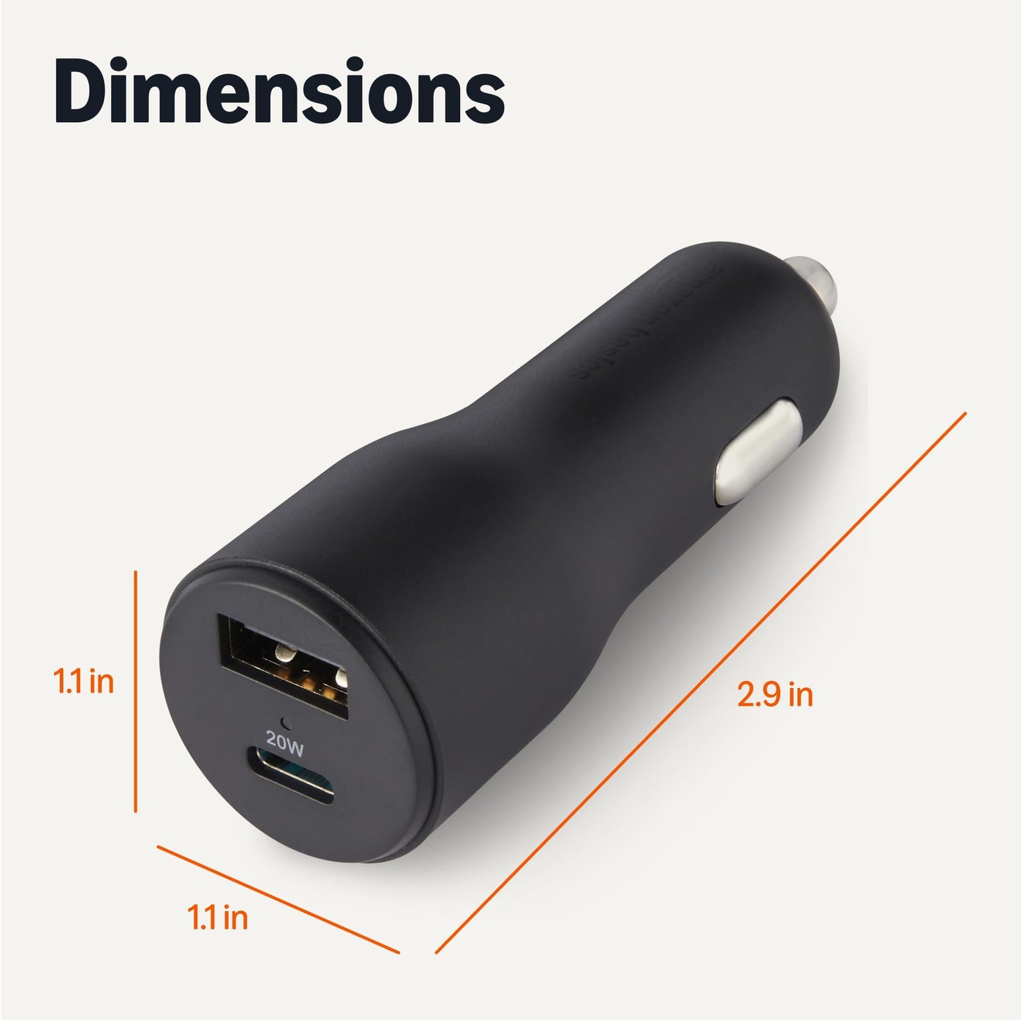 Amazon Basics Fast-Charging Car Charger, 1 USB-C (20W) + 1 USB-A (12W), 32W, with 3-Ft Cable, Black