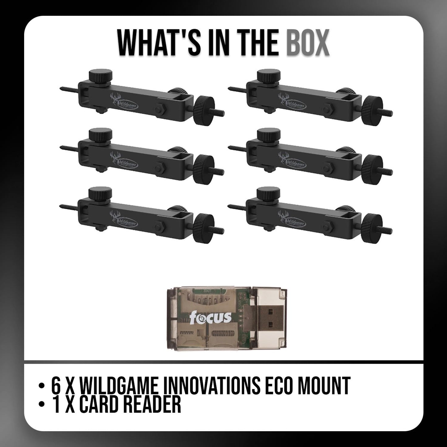 Wildgame Innovations Eco Mount (6-Pack) - Compatible with Cameras and Solar Power Packs Bundle with Card Reader (7 Items)