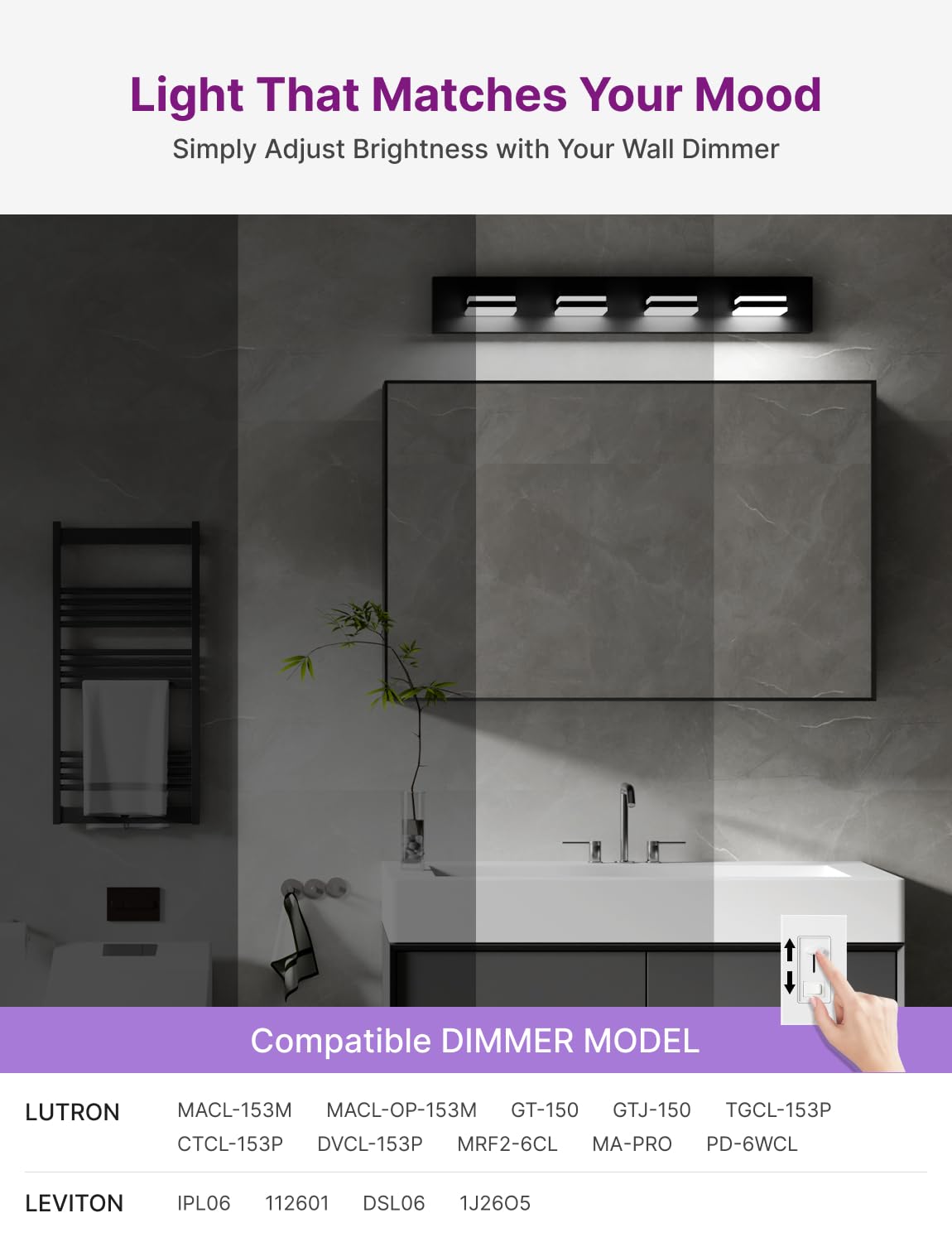 Likelgn Modern Bathroom Vanity Light, Bathroom Lighting Fixtures Over Mirror, Dimmable LED Vanity Light with Rotating Light Heads, Matte Black (29"