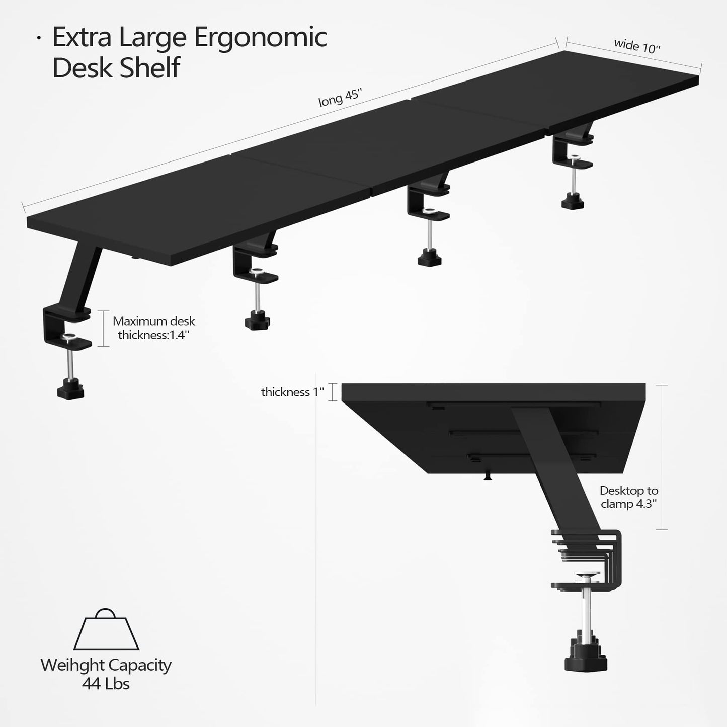 Gaxomo Extra-Large 45-Inch Wood Clamp On Desk Monitor Shelf with Spacious Storage Space - Fits 60-inch or Dual 32-inch Screens, C-Clamp Design